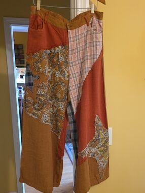 Oli & Hali Patchwork Wide-Leg Pants — Rust, Tan & Pink Plaid